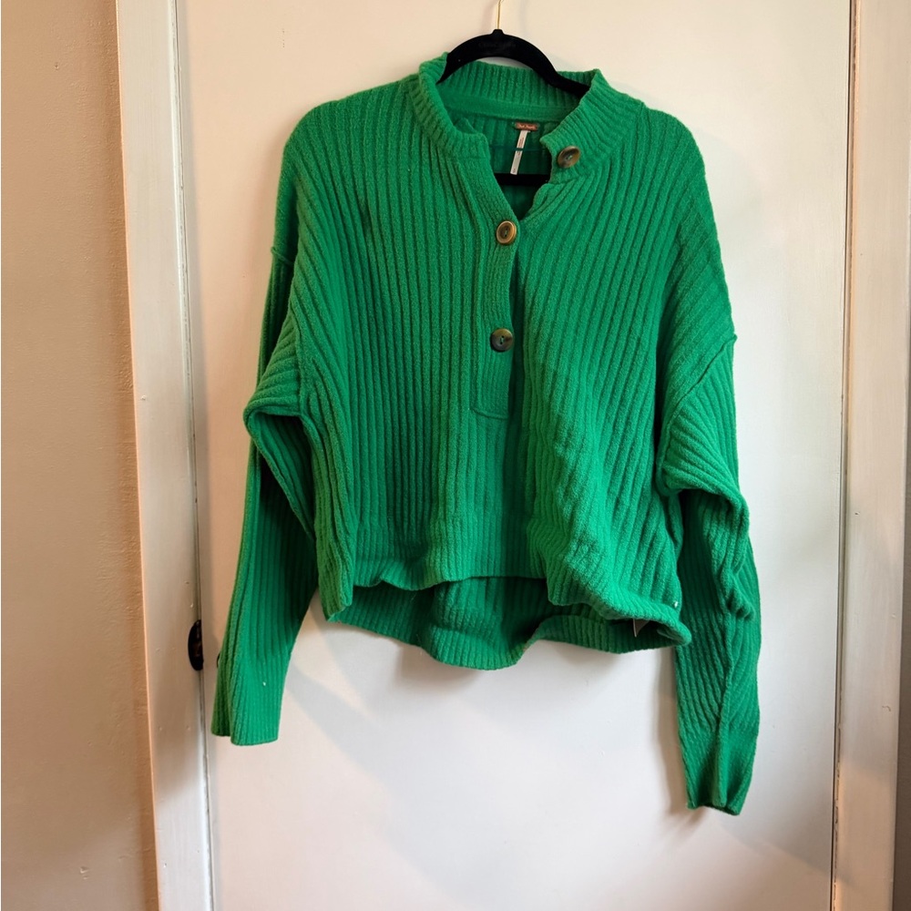 Free People Vibrant Green Ribbed Button-Neck Sweater
